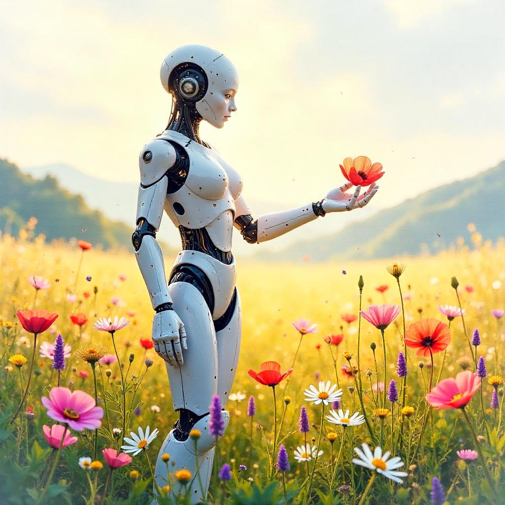 Watercolor AI Construct in a Blooming Field