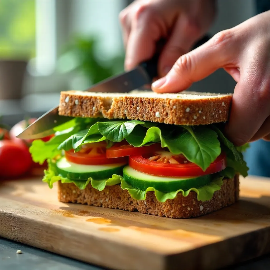 Macro close-up of hands slicing veggie sandwich