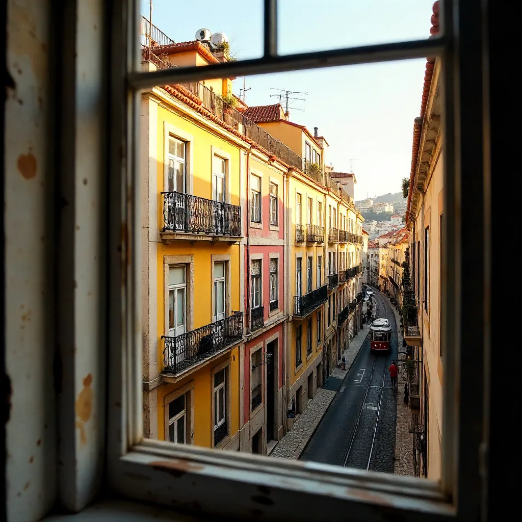 Window View of Lisbon's Urban Facades at Golden Hour