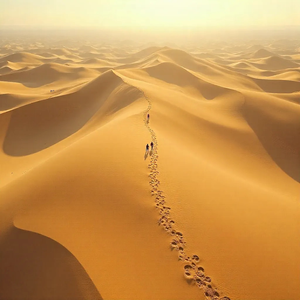 Aerial Abstract: Tiny Walkers on Golden Sand