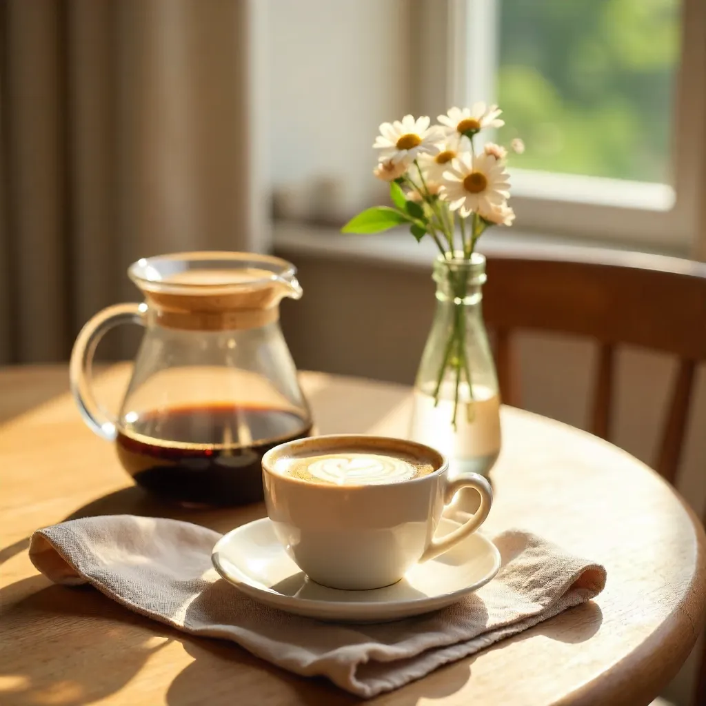 Sunlit Morning Coffee with Flowers on a Wooden Table