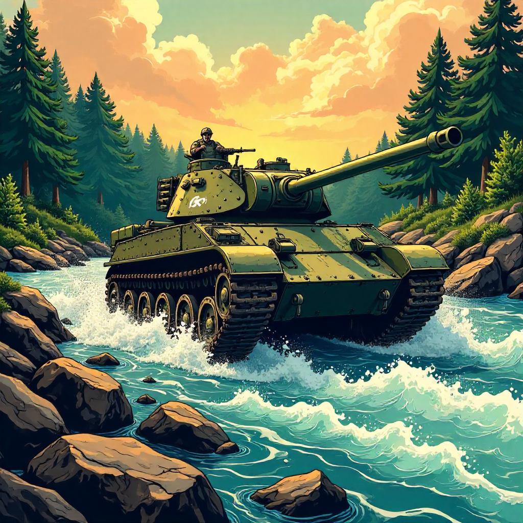 Rushing River Tank: Comic-Book Action Scene
