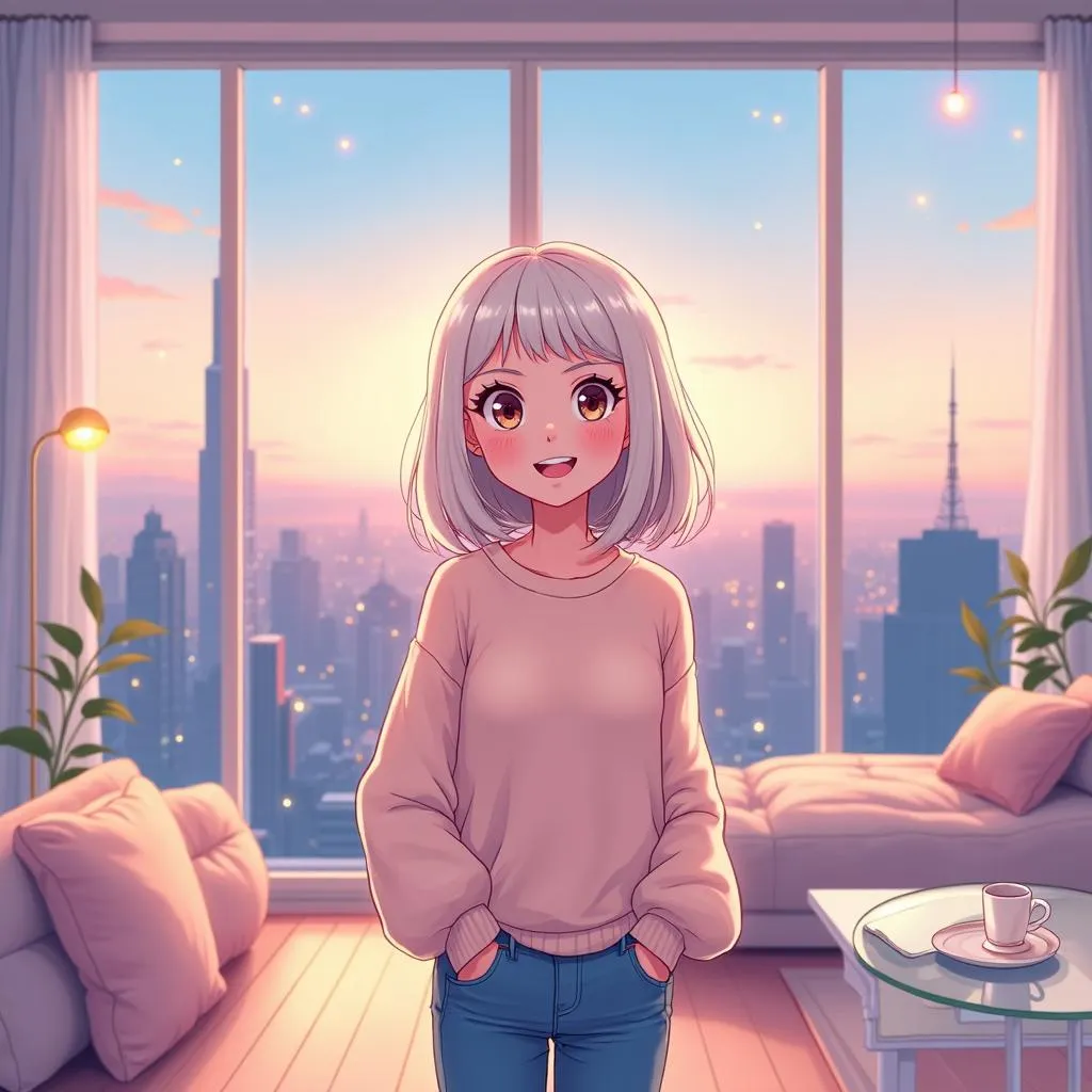 Cheerful Anime Girl in a Penthouse Skyline