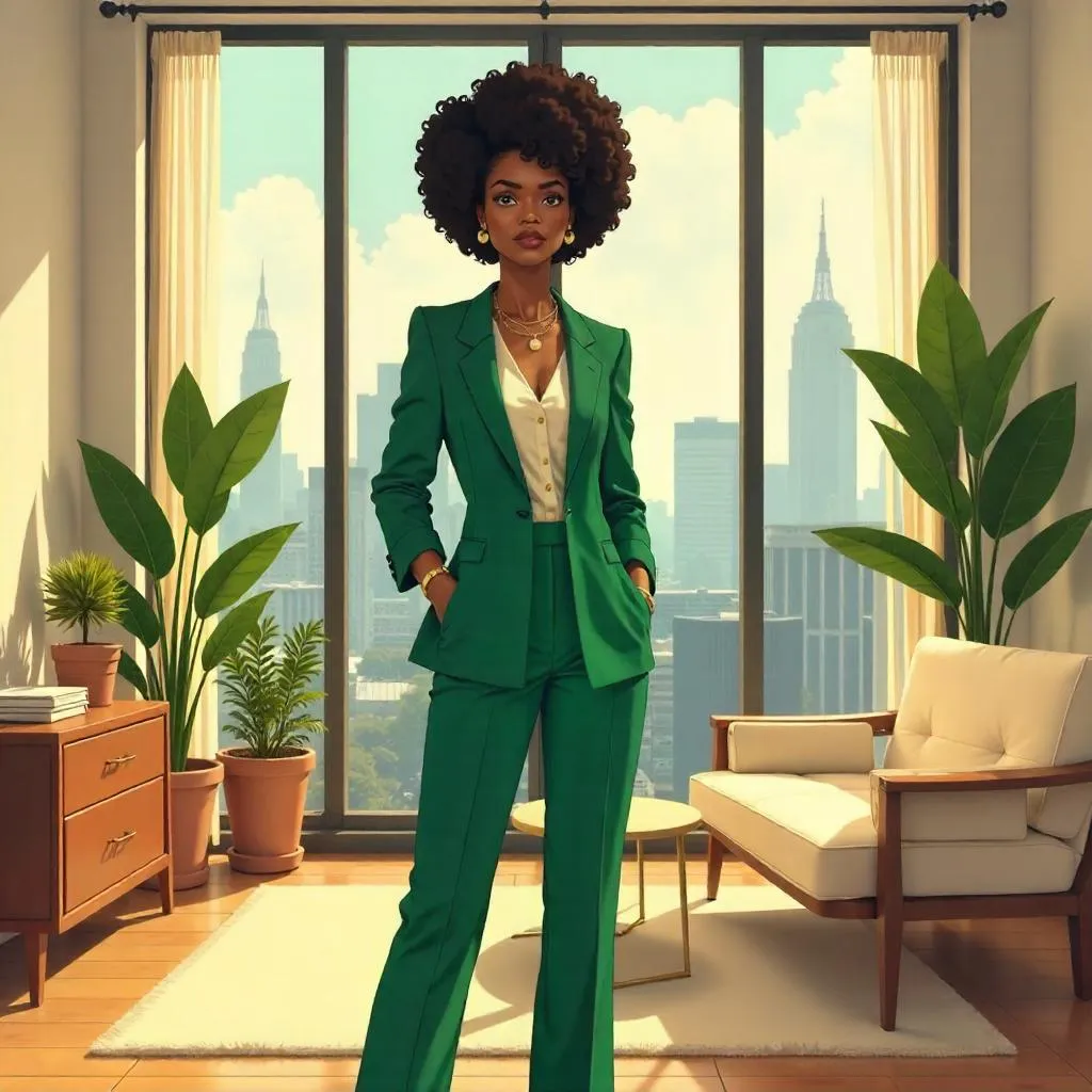 Elegant Black Woman in an Anime-Style Apartment