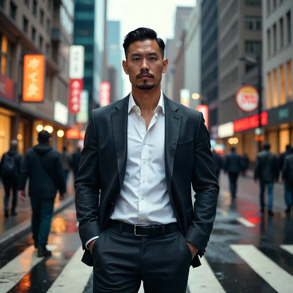 Photorealistic Strong Asian Man in Downtown