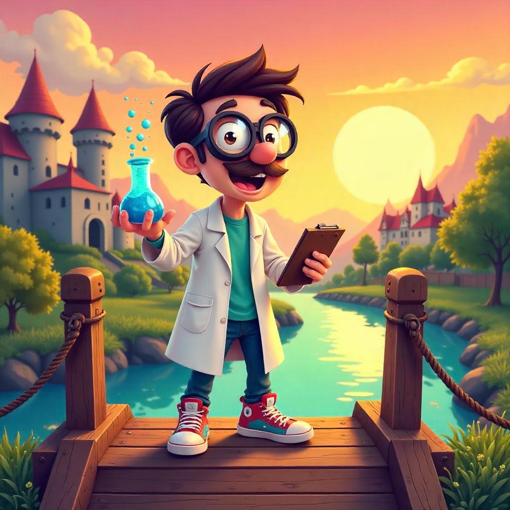 Whimsical Scientist on a Drawbridge