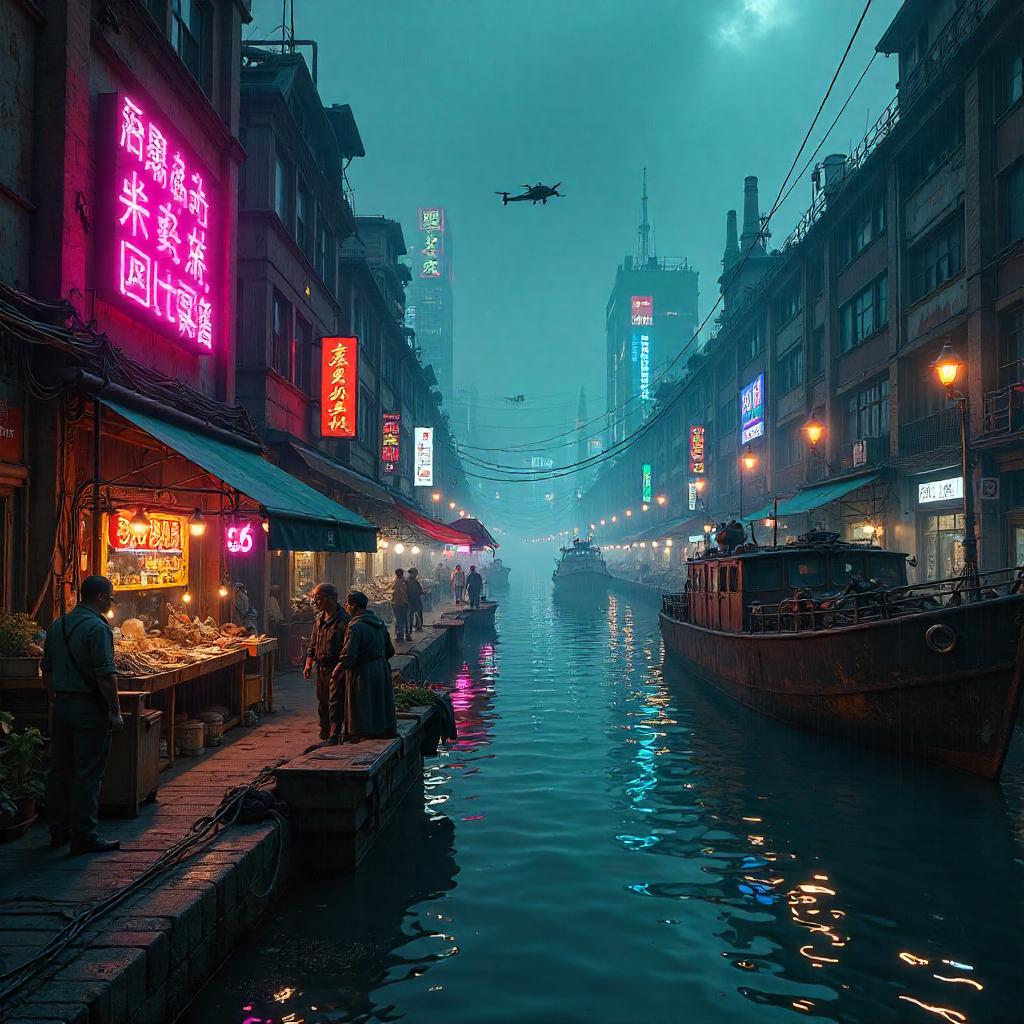 Neon River Market: Cyberpunk Bazaar by Water