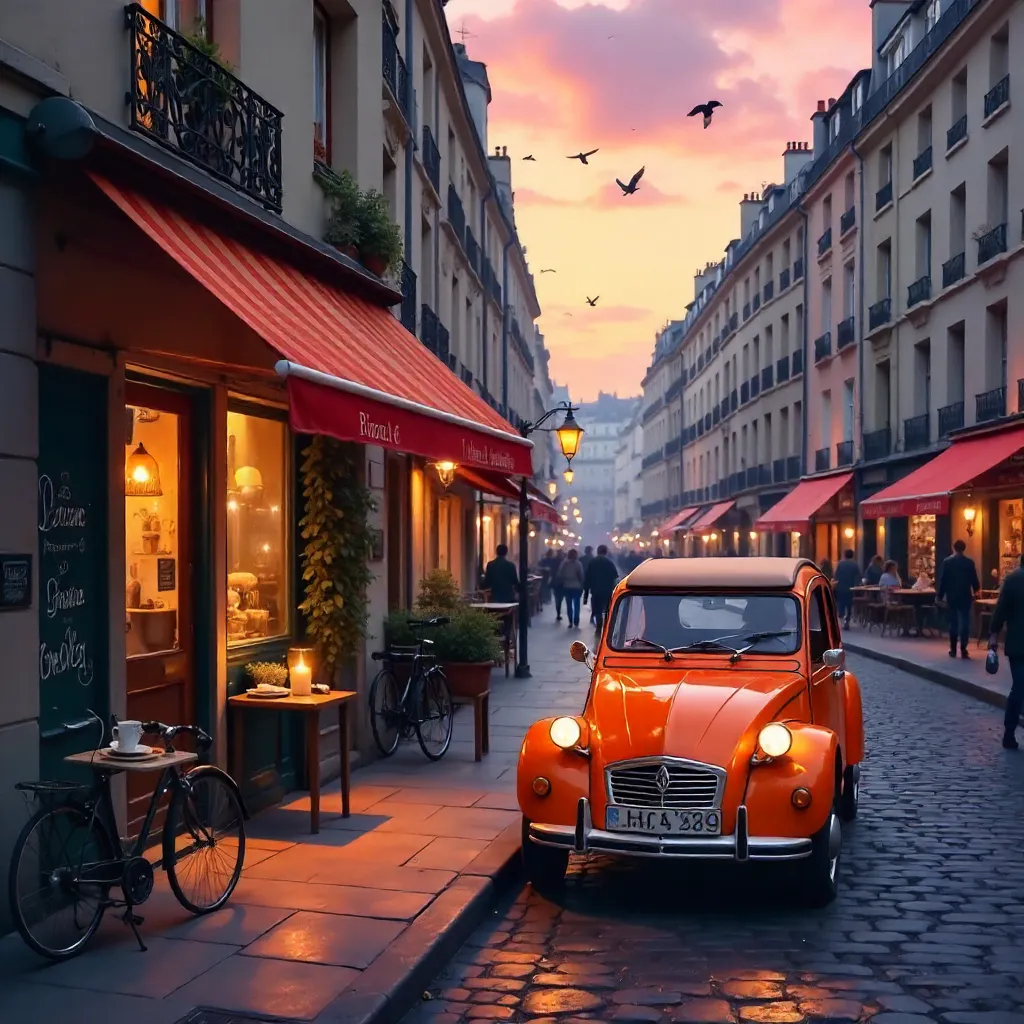 Dusk in Paris: Orange Car by a Cozy Bistro