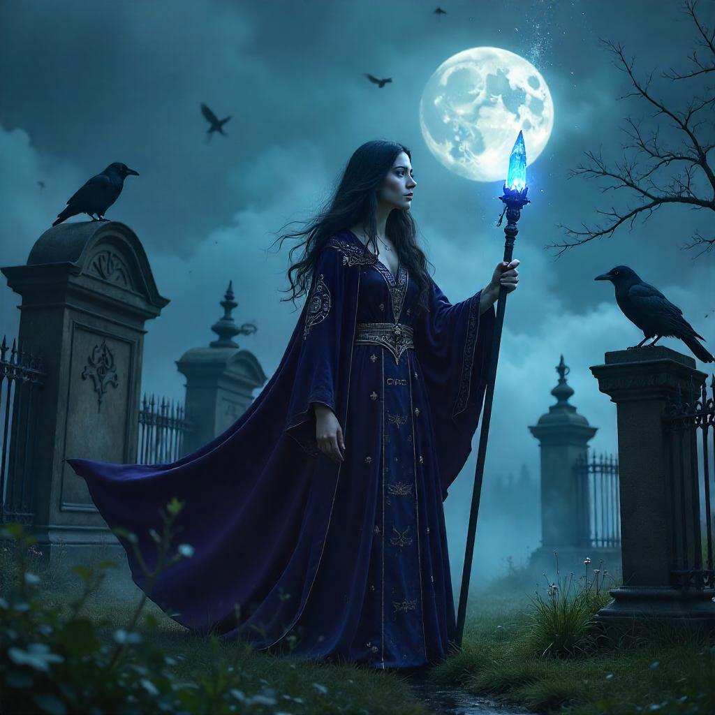Moonlit Sorceress in a Graveyard