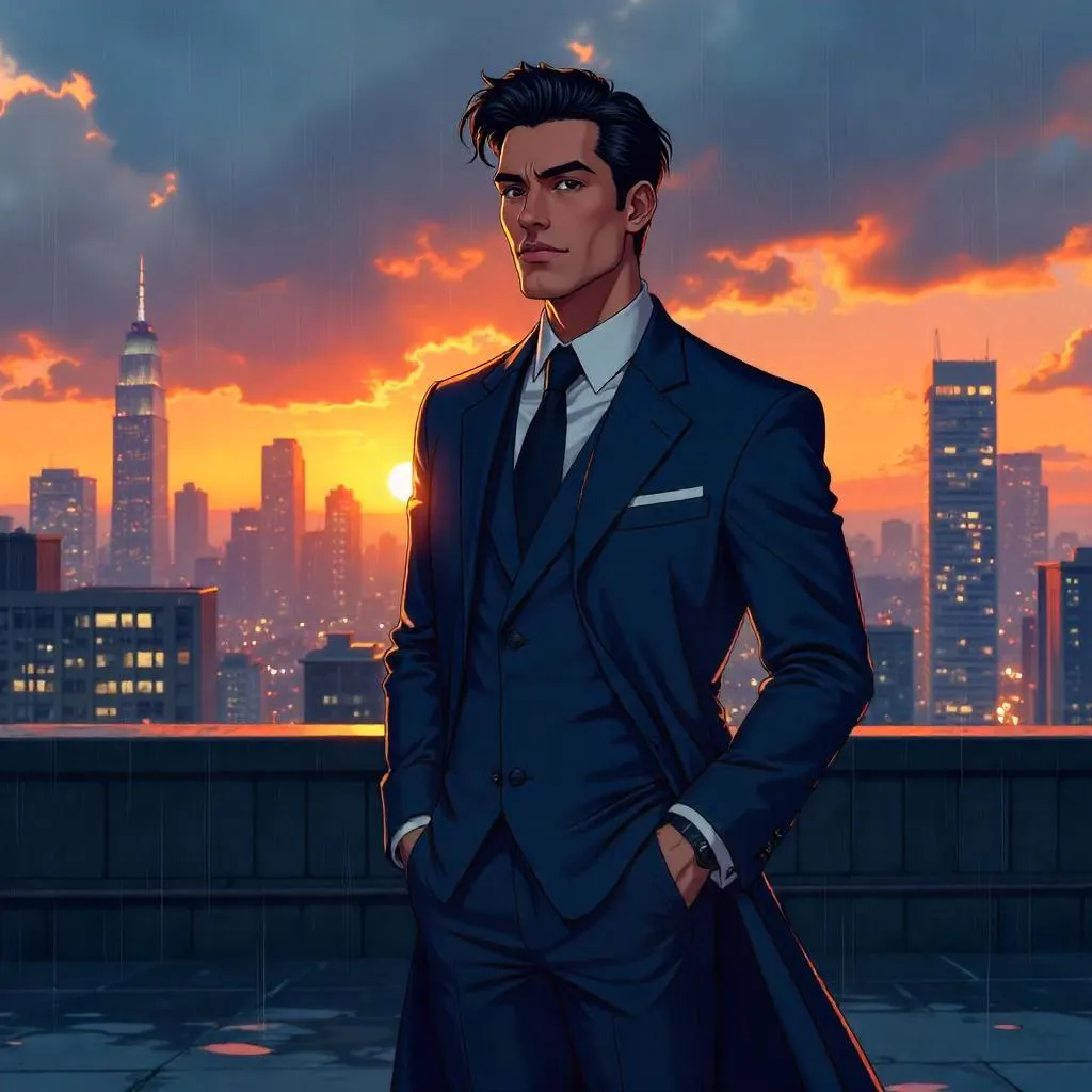 Elegant Latino Man on Rooftop in Anime Style