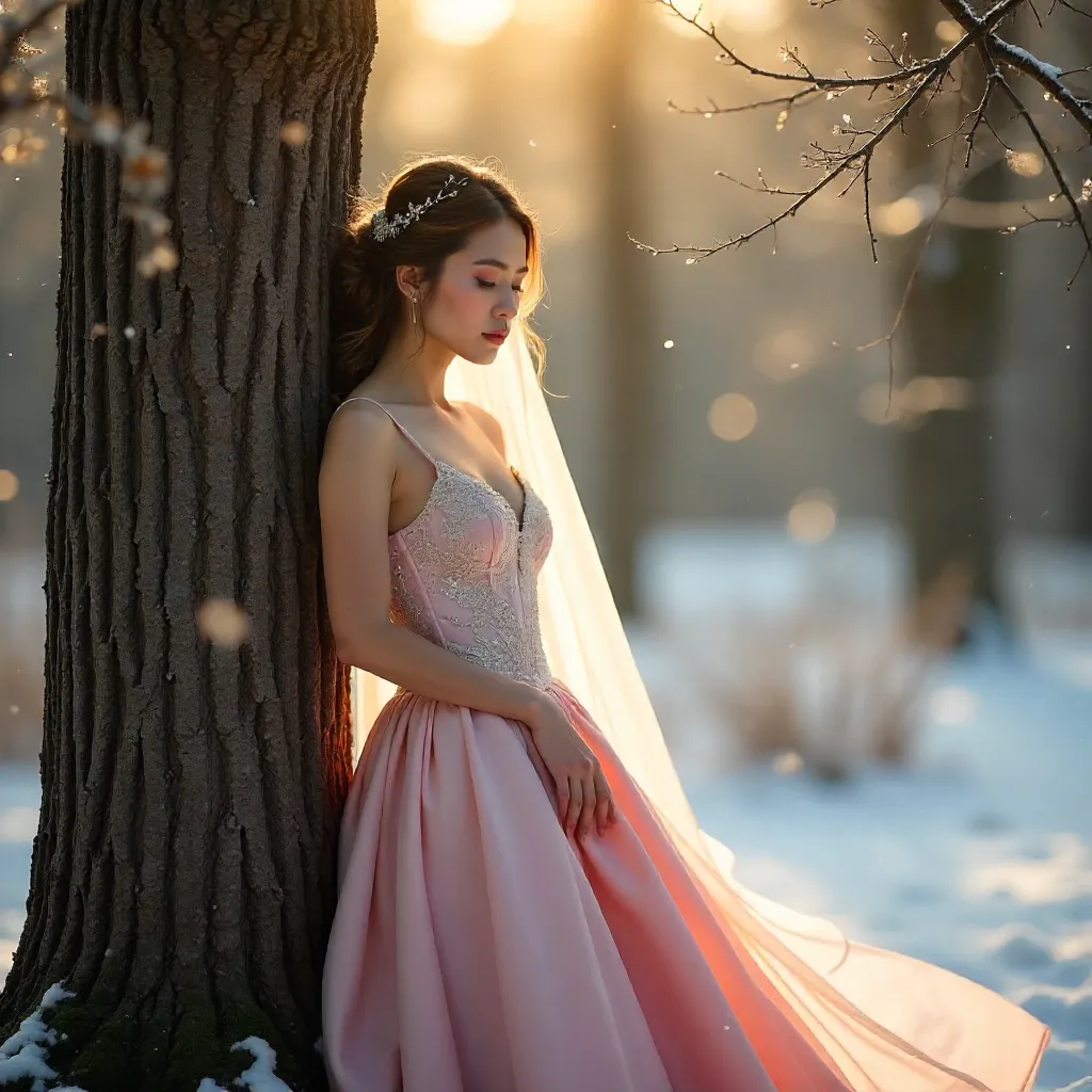 Winter Bride in a Pink Gown by a Sunlit Tree