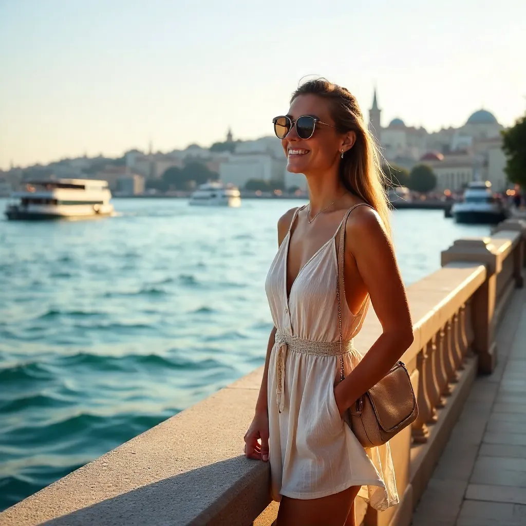 Serene Moment by the Sea: Young Woman in Istanbul