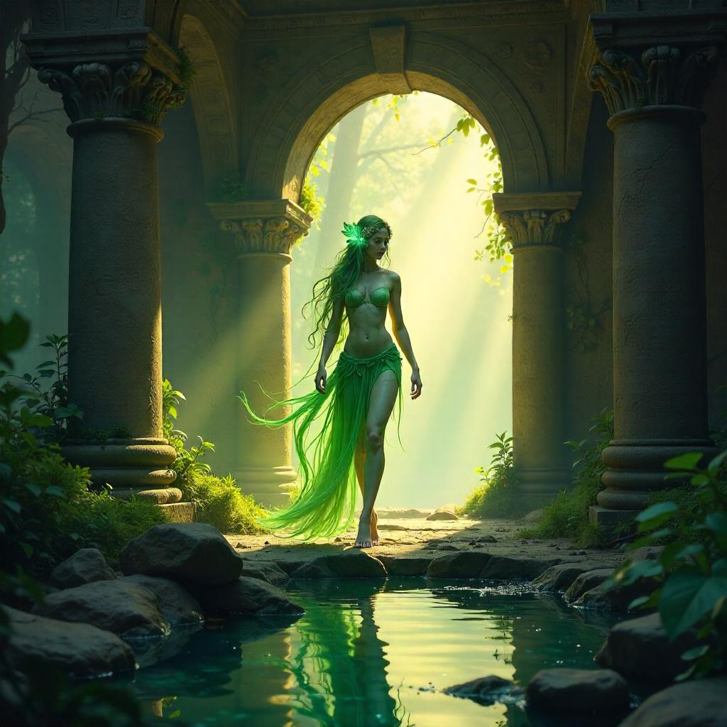 Nymph in Ancient Temple Ruins – Concept Art