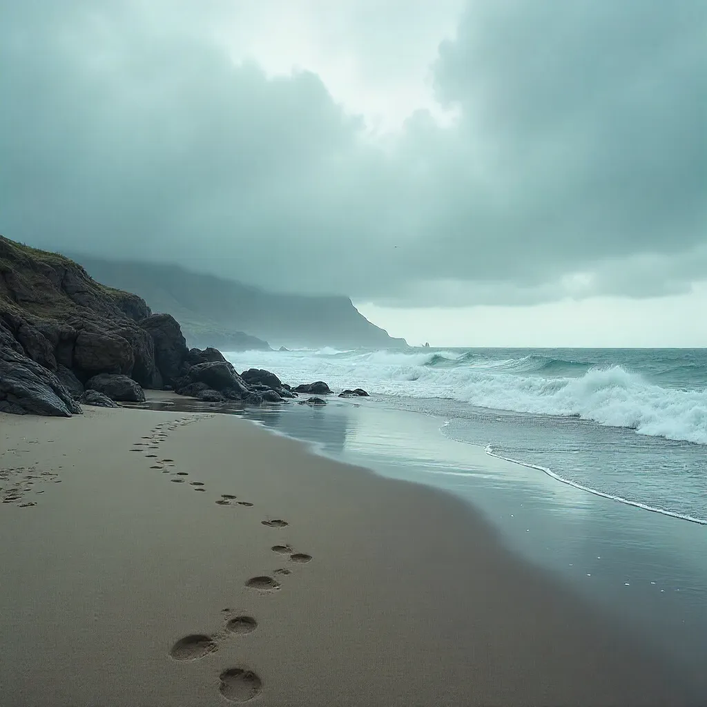 Footprints on a Serene Seacoast under a Moody Sky