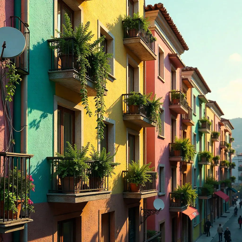 Vibrant Facade: Balconies with Plants and Satellite Dishes