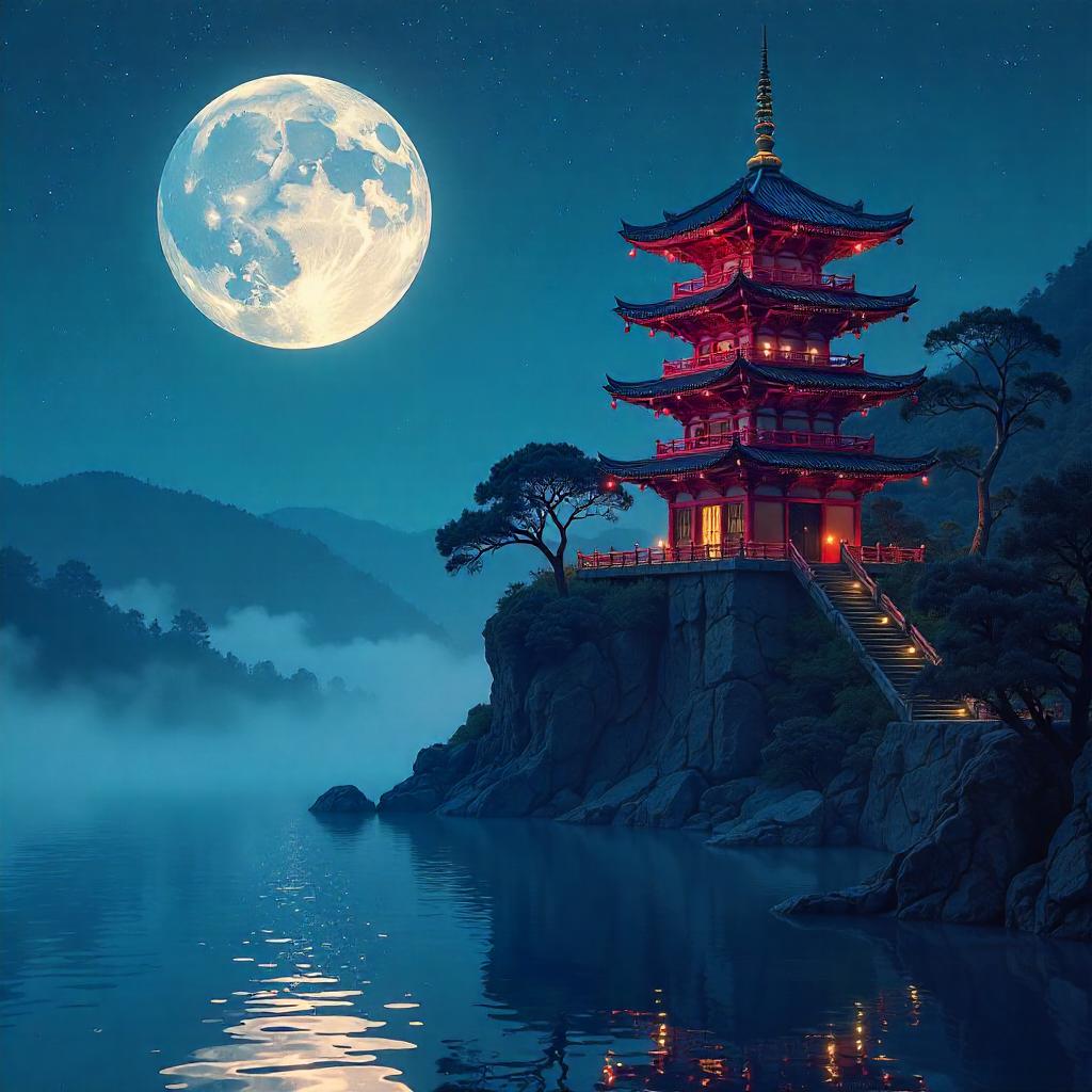 Moonlit Pagoda in Neon Digital Night