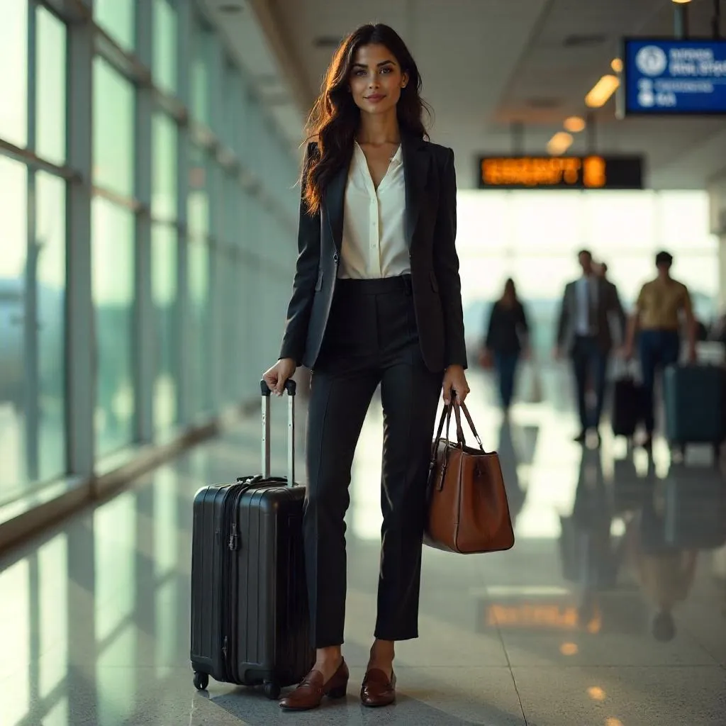 Confident Latina Woman in a Photorealistic Airport