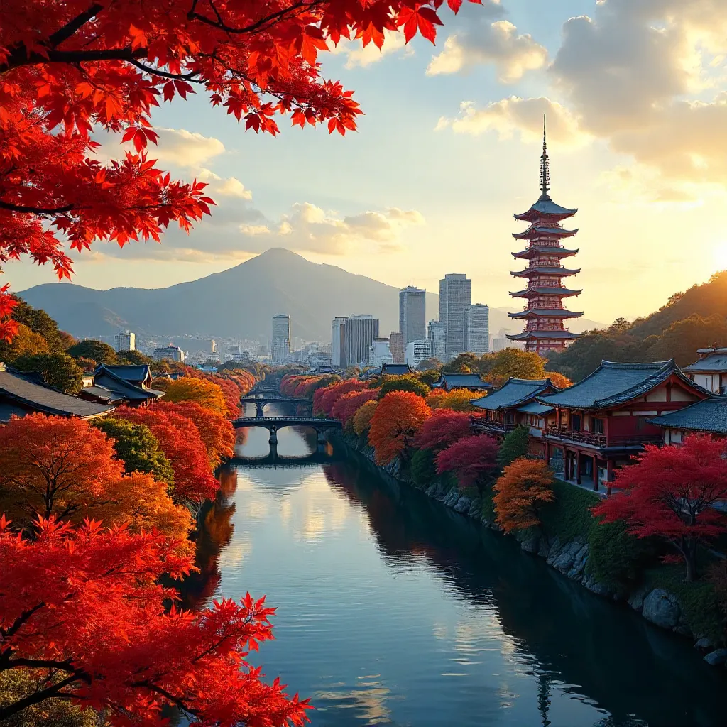 Kyoto Skyline at Twilight: Kyoto Tower and Autumn Foliage