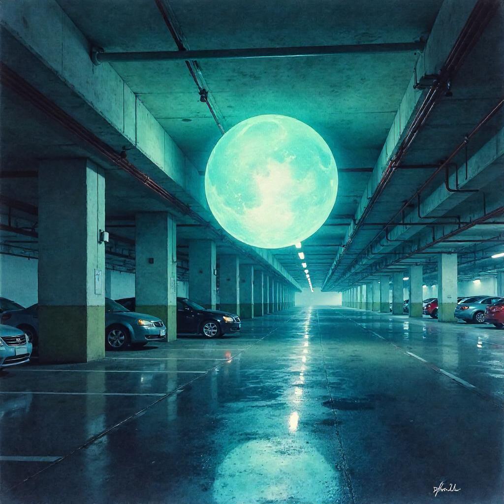 Watercolor Spirit Orb in a Dim Parking Garage