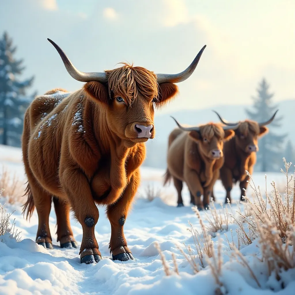 Scottish Highland Cattle in a Snowy Field