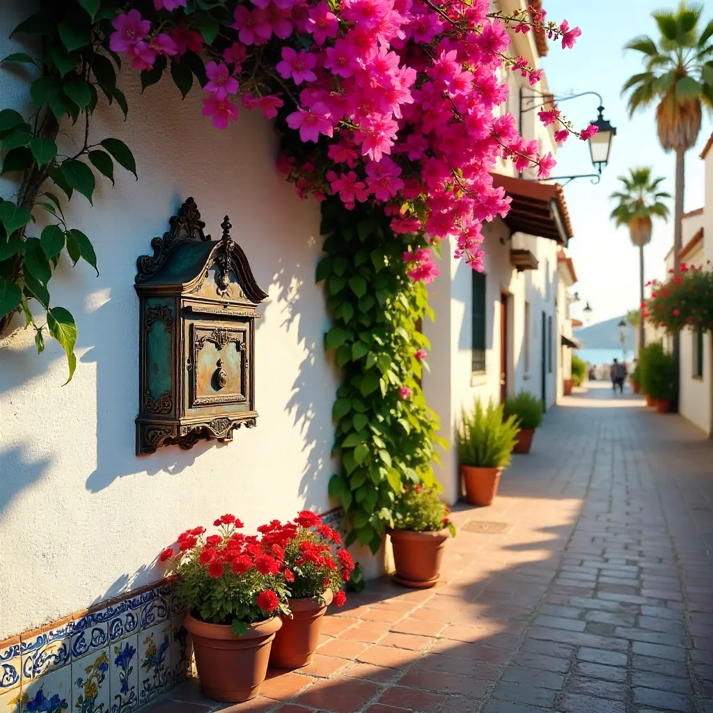 White Wall with Flowers and Decorative Spanish Mailbox in Benalmádena