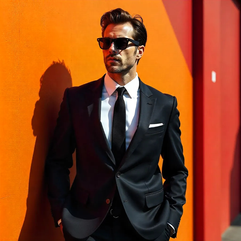 Stylish Man in Sunglasses by Orange-Red Wall