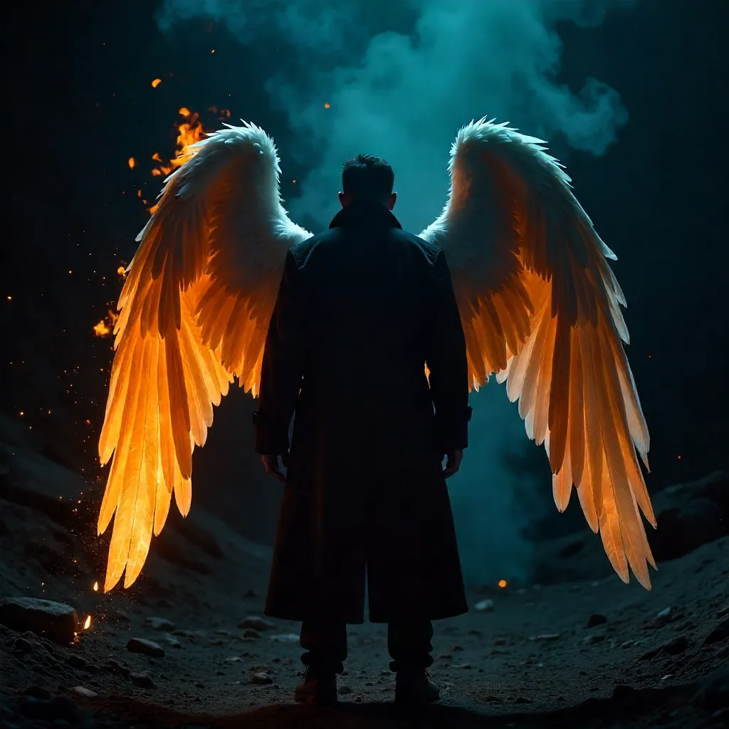 Back View: Burning Angel Wings in Darkness