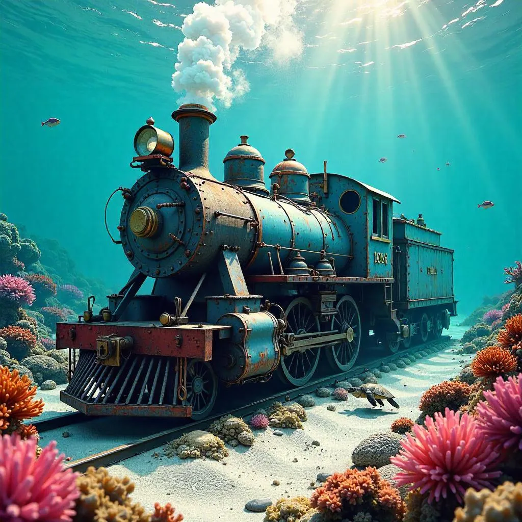 Submerged Steam Locomotive in a Coral Reef