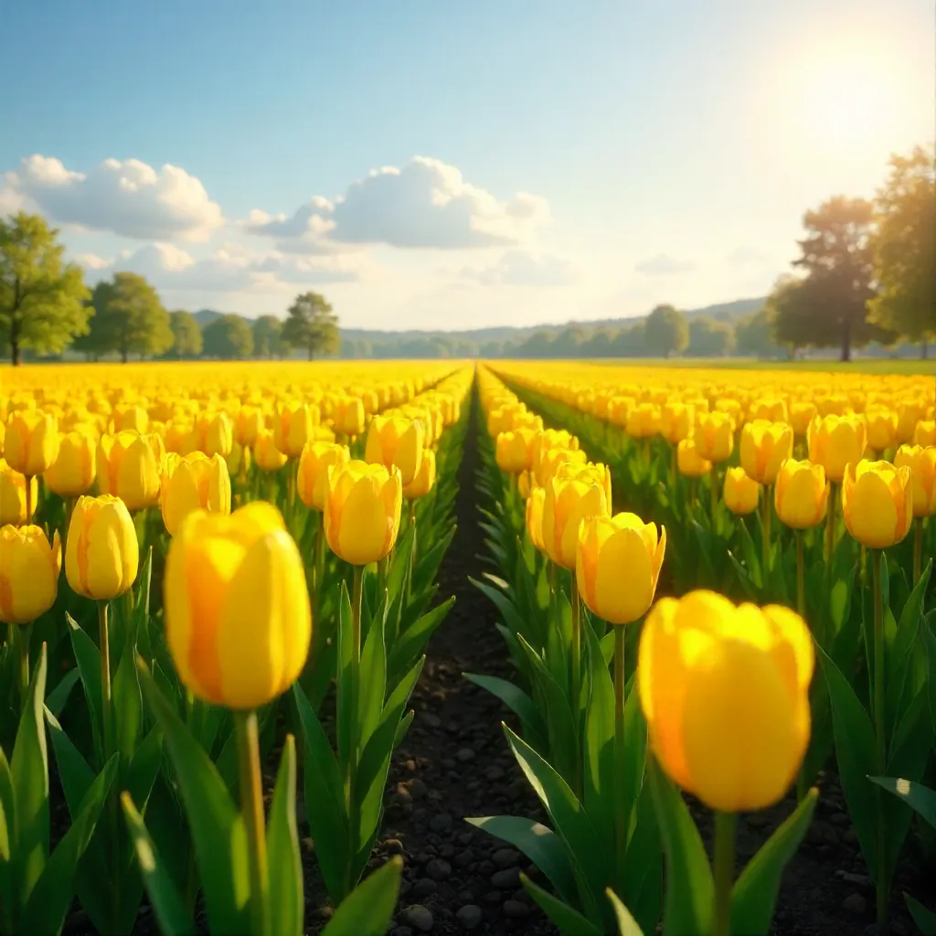 Golden Tulips in a Sunlit Spring Field