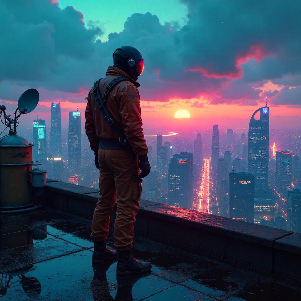 Rooftop Pilot: Neon Dusk in Digital Art