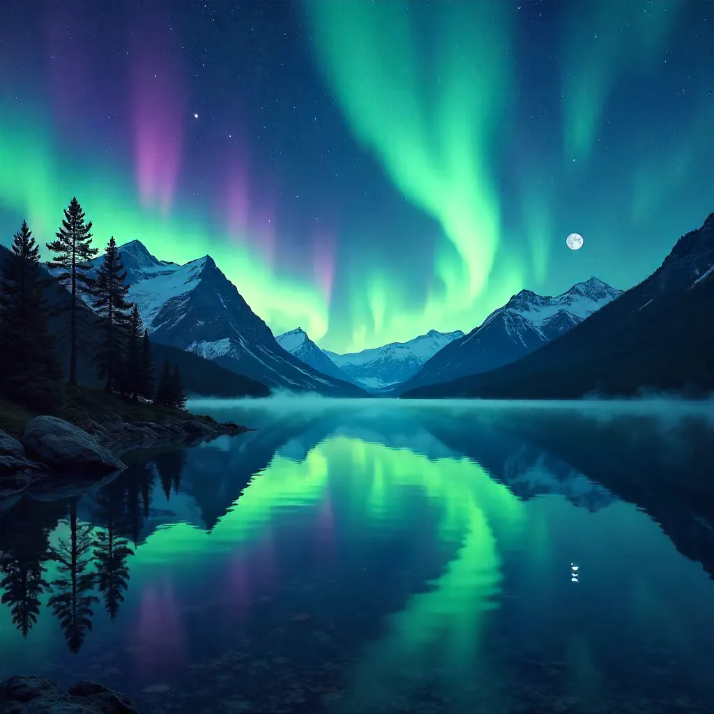 Aurora Reflections on a Serene Night Lake