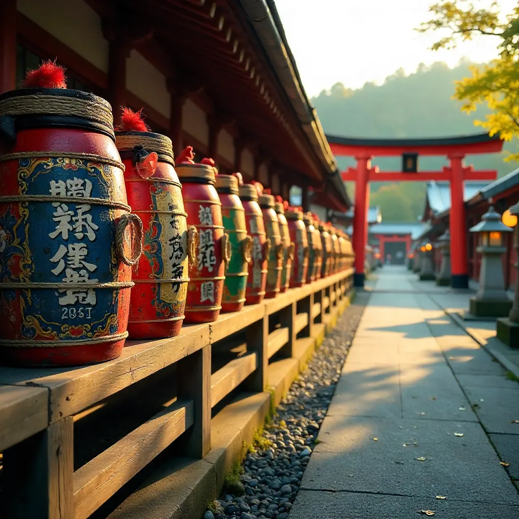 Bright Sake Barrels at a Japanese Shrine of Fortune
