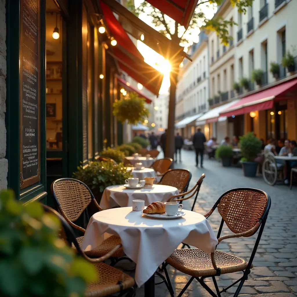 Cozy Paris Café Patio with Rattan Chairs