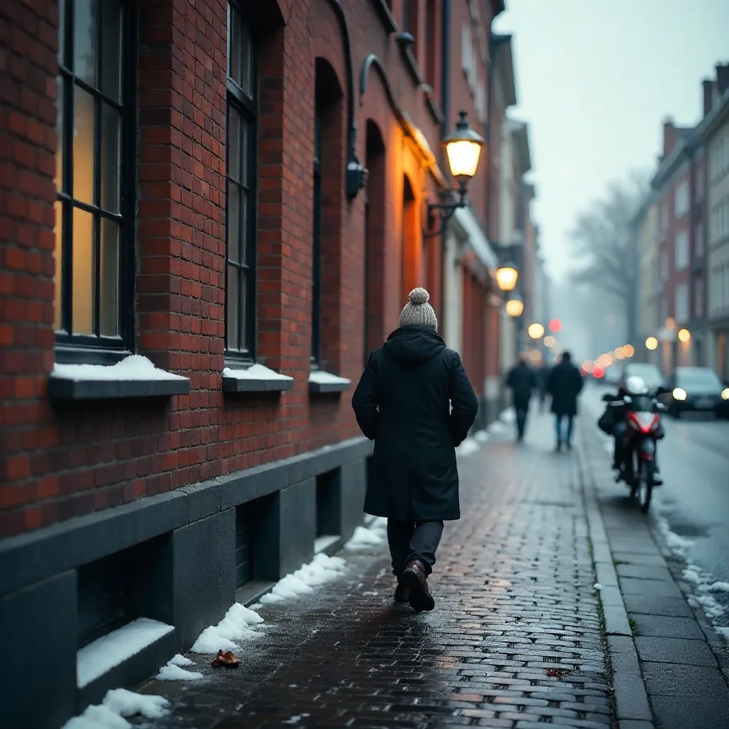 Red Copenhagen Facade with Lone Pedestrian in Winter