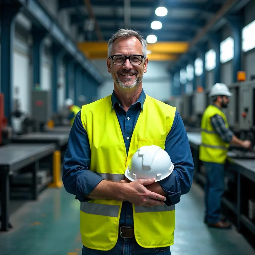 Confident White Man in a Modern Factory