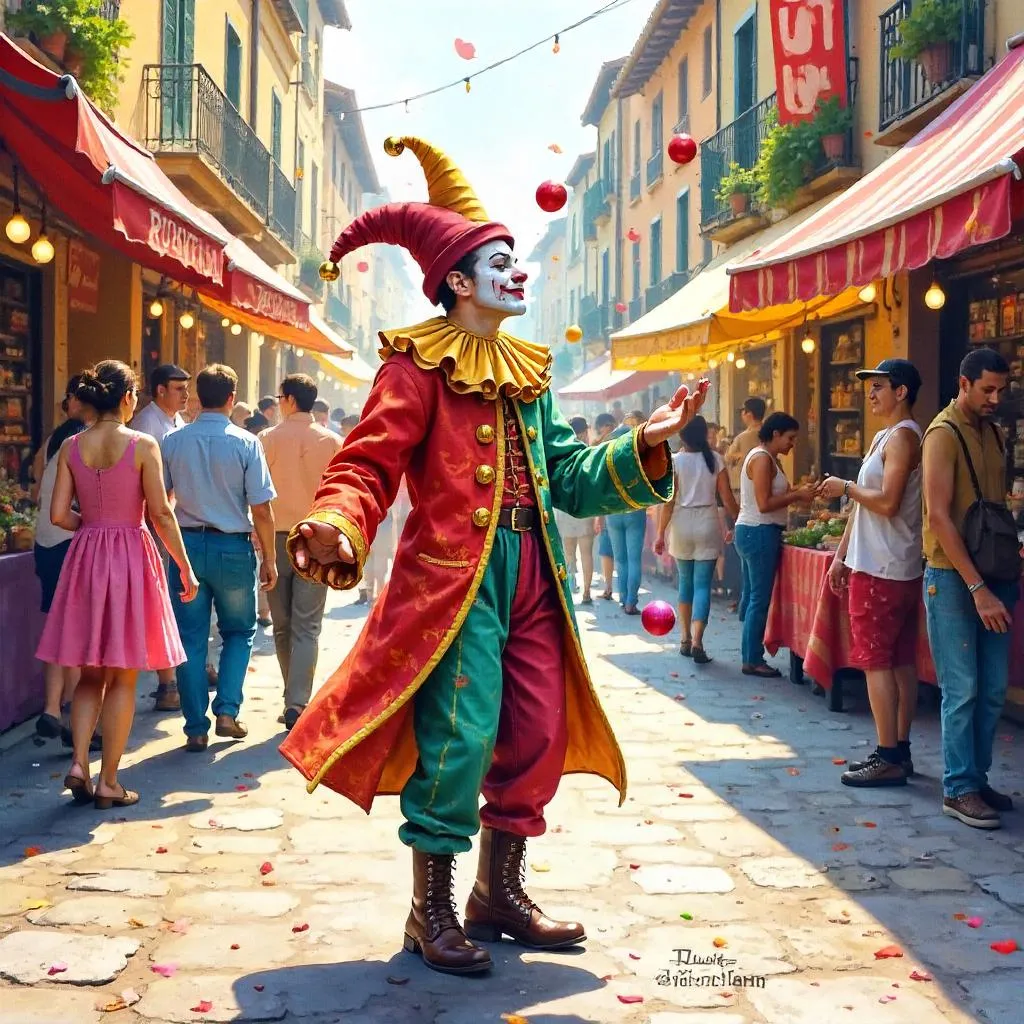 Watercolor Jester in a Busy Street