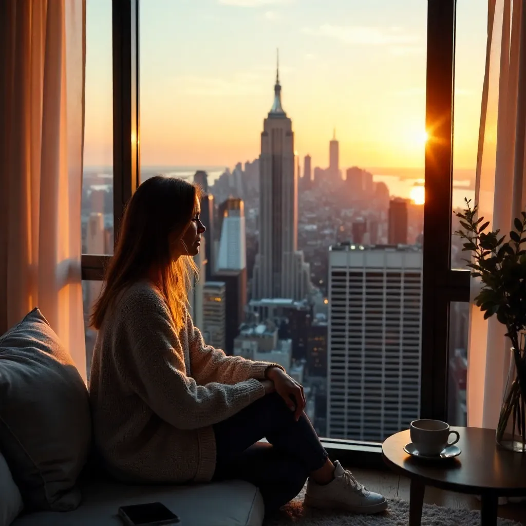 Window View: Woman in NYC Skyline at Twilight