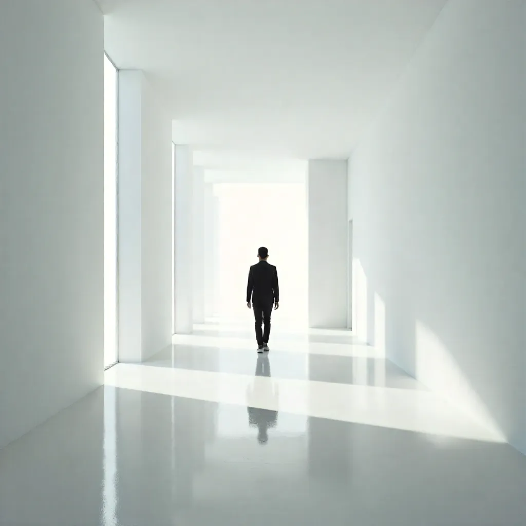 Silhouette in a White Minimalist Corridor