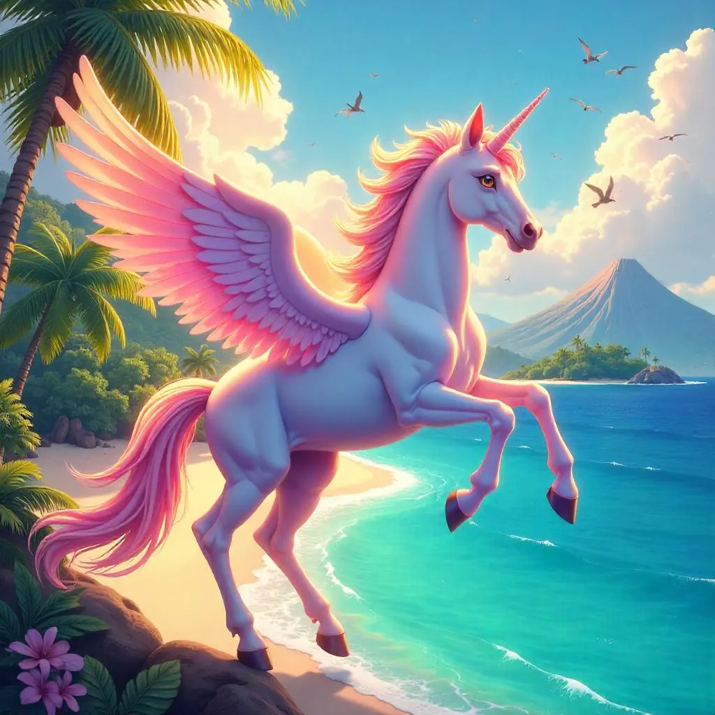 Pegasus on a Tropical Island: Anime Sunset Flight