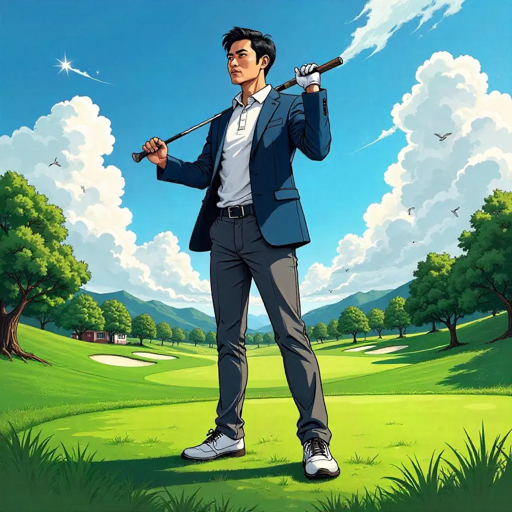 Comic-Book Portrait: Asian Pro on the Golf Course