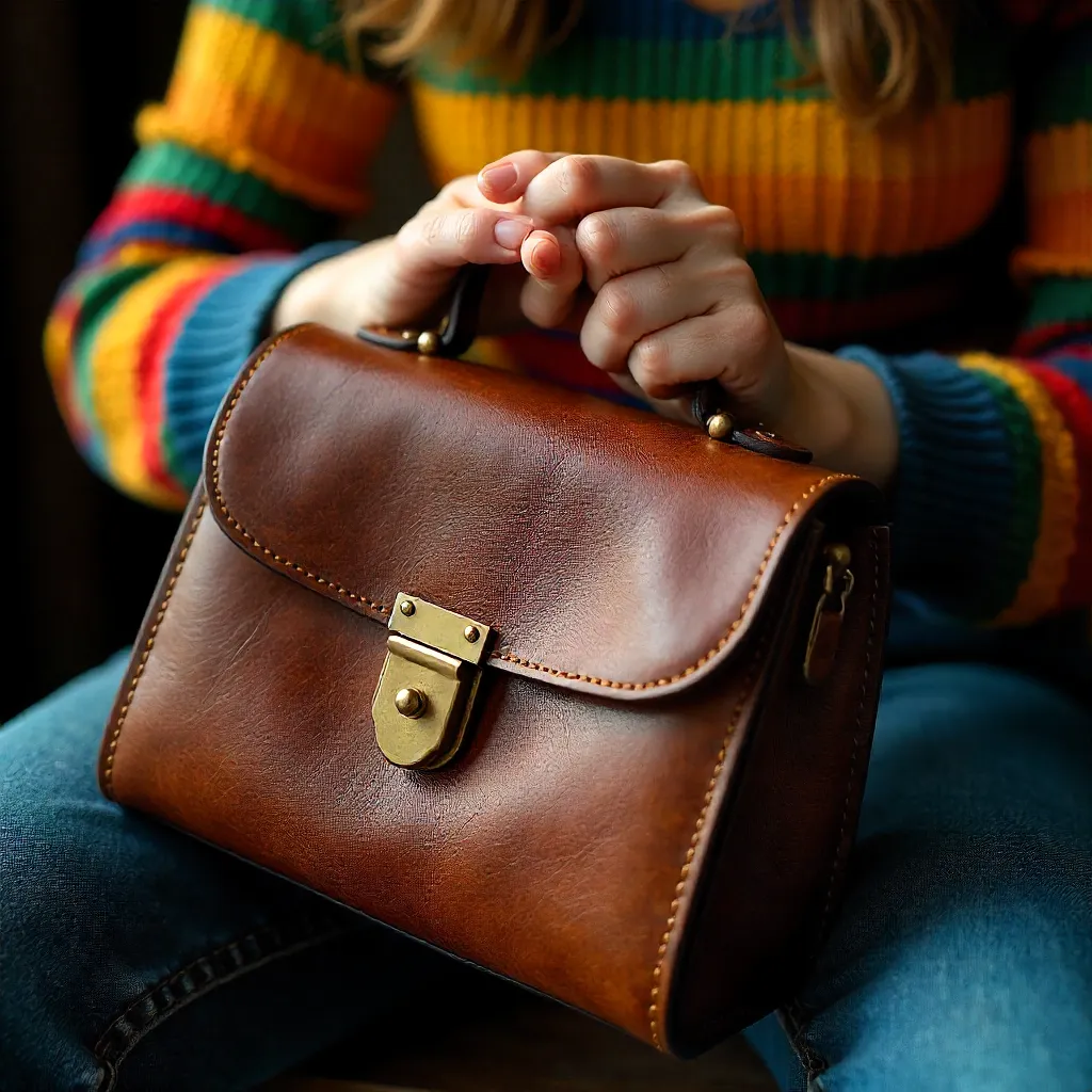Close-Up: Woman with Vintage Leather Purse