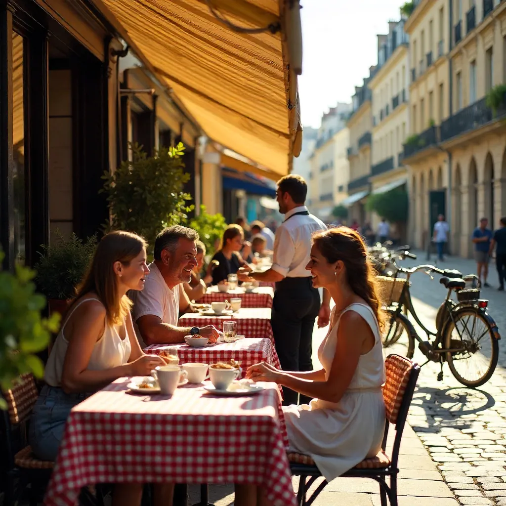 Sunlit Parisian Café Patio with Diners and Bicycles