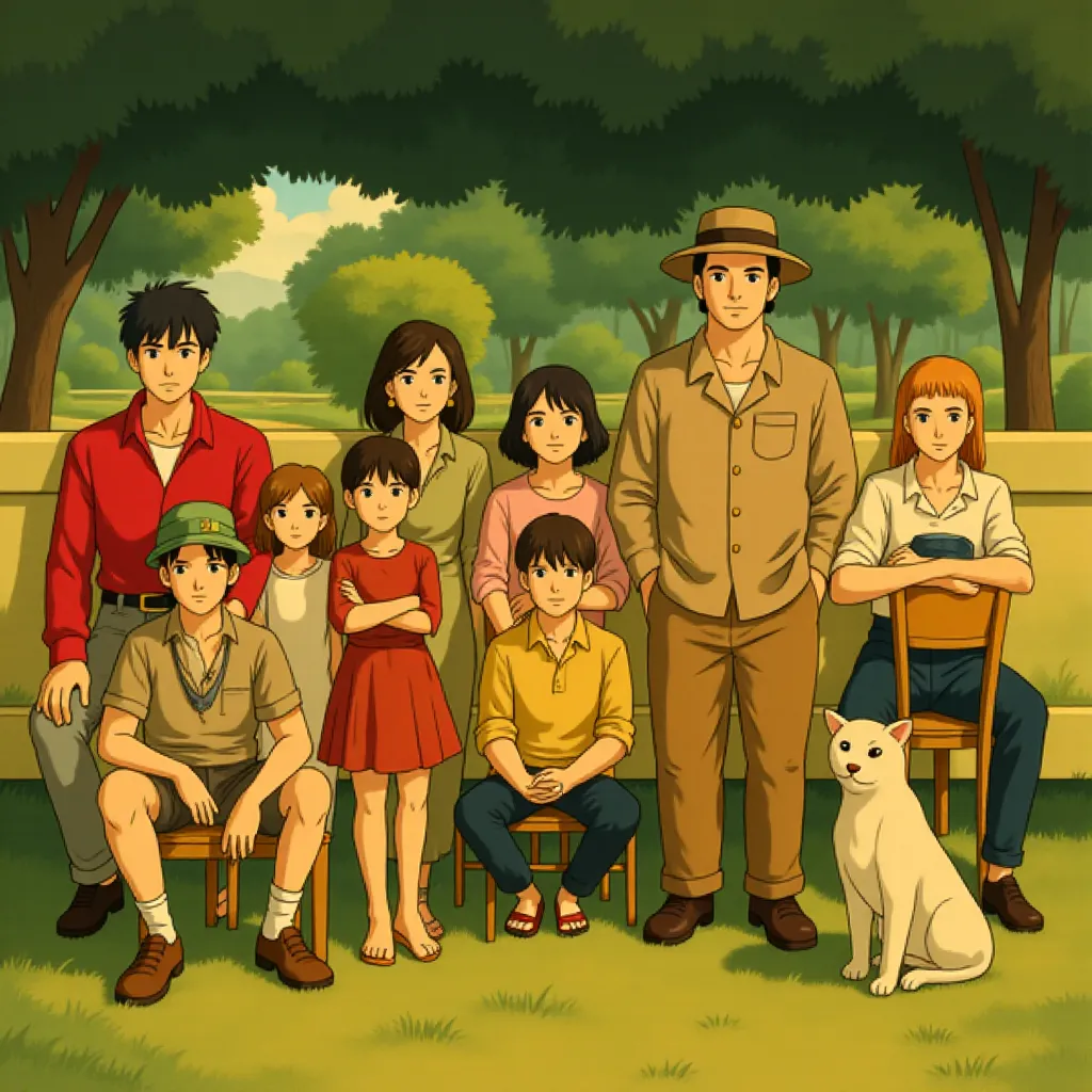 Bill Murray, Bruce Willis, Frances McDormand, Bob Balaban, Edward Norton, Jason Schwartzman, Tilda Swinton, Seamus Davey-Fitzpatrick, Lucas Hedges, Gabriel Rush, Jake Ryan, Tanner Flood, Charlie Kilgore, Jared Gilman, Kara Hayward, and Wyatt Ralff in Moonrise Kingdom (2012) - Anime style