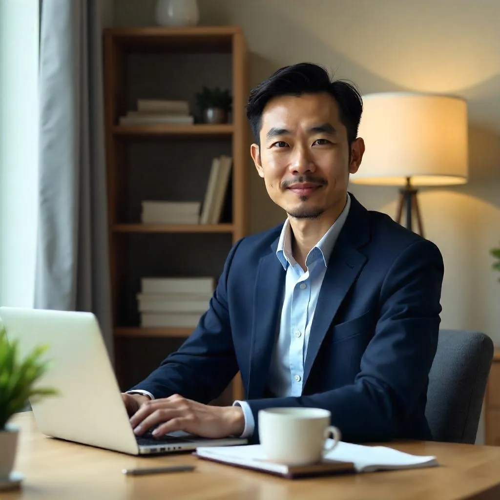 Photorealistic Asian Professional at Home Office