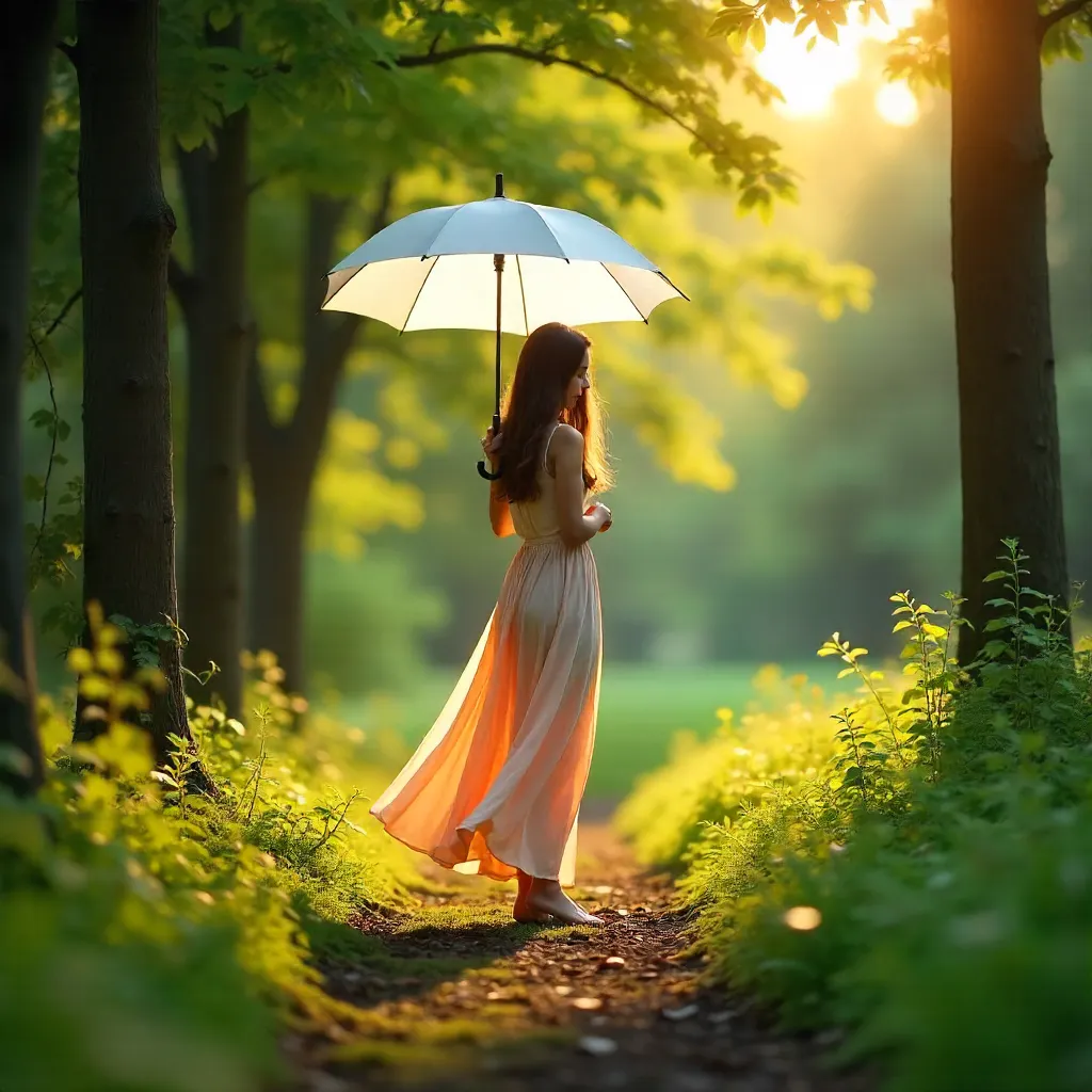 Woman with White Umbrella Beneath Verdant Trees