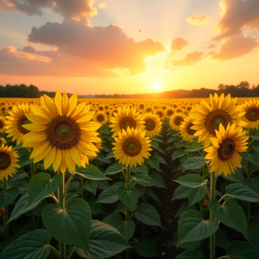 Sunset Field of Sunflowers: Warm Summer Serenity