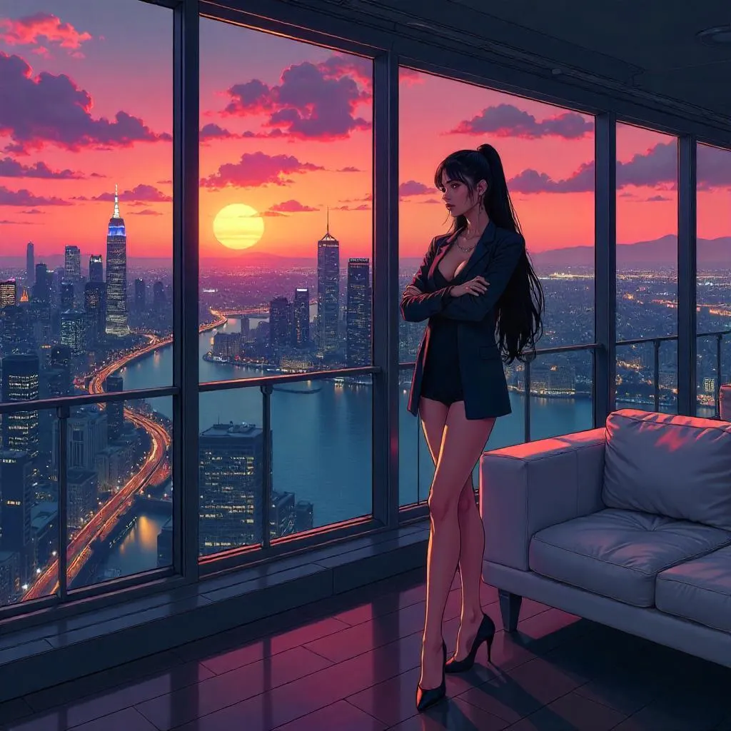 Confident Asian Woman in an Anime Penthouse