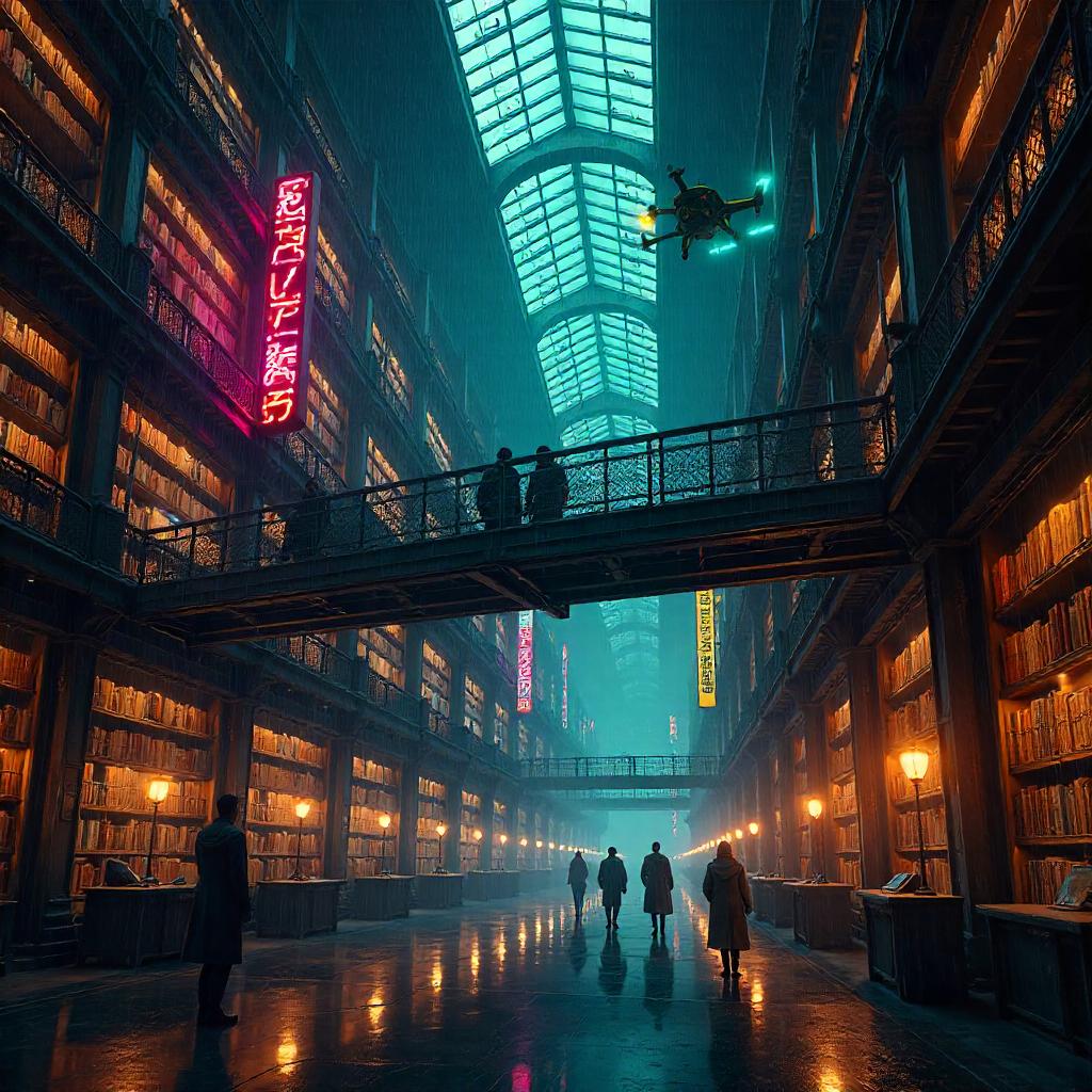 Neon Bridge in a Cyberpunk Library