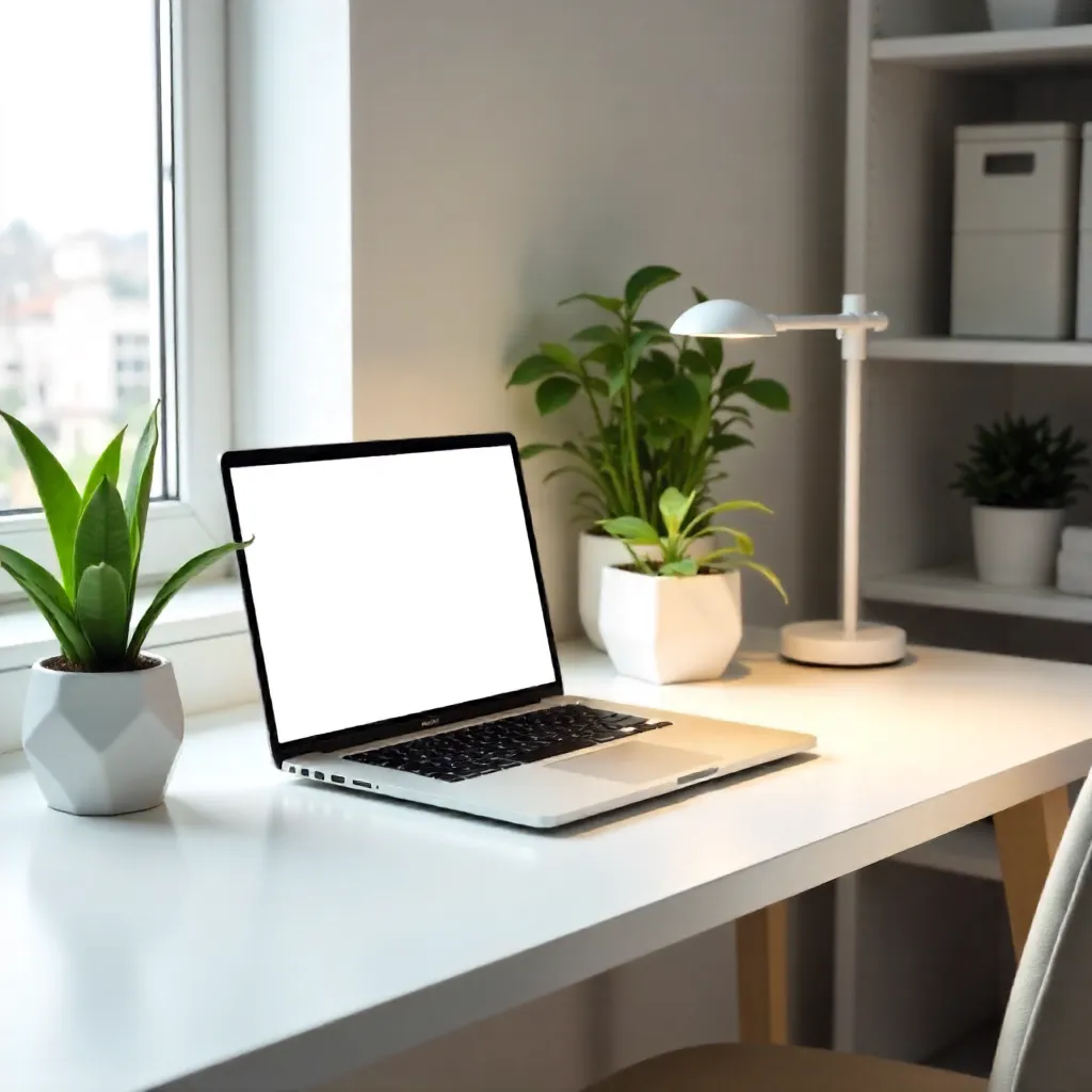 Minimalist White Desk with Laptop and Plants