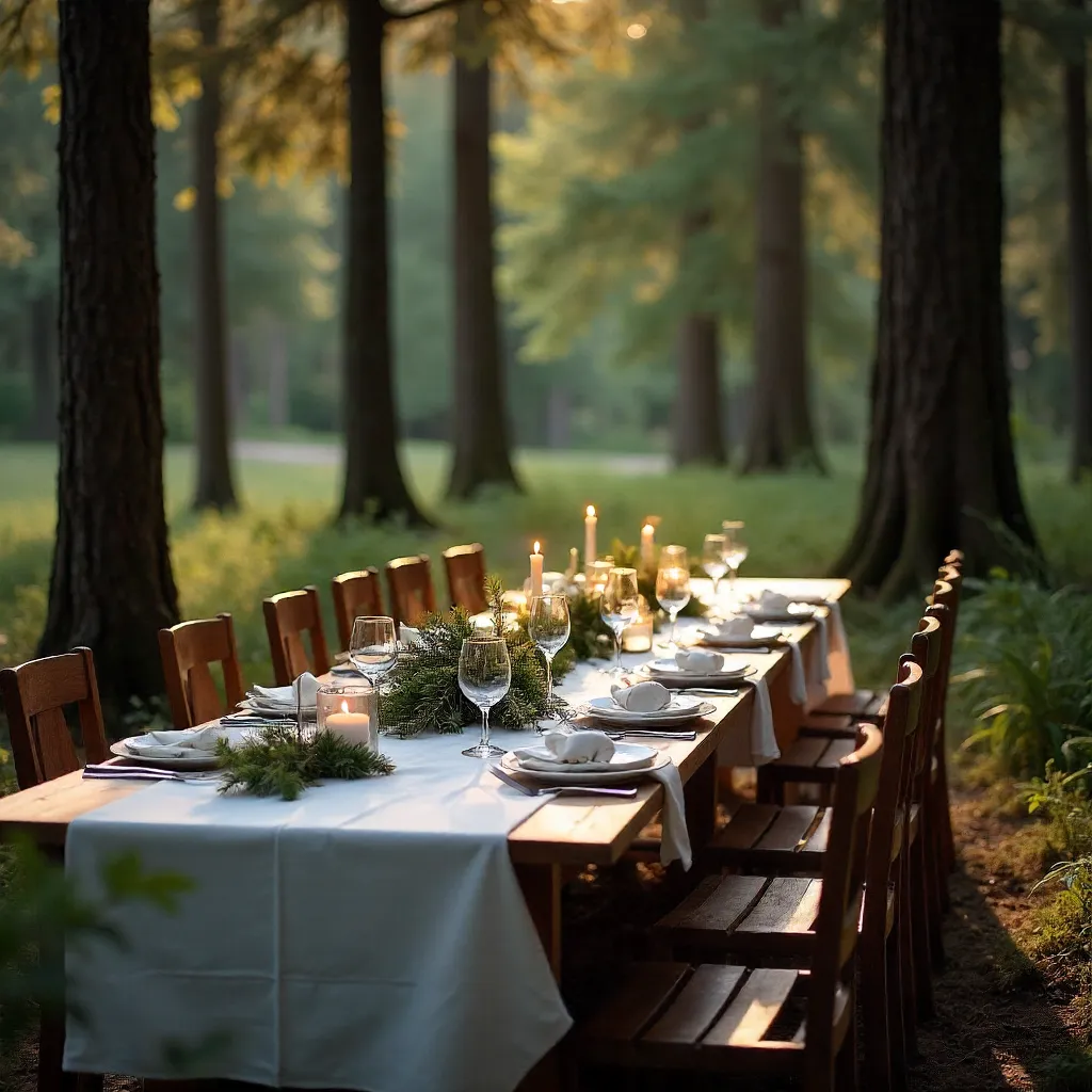 Serene Outdoor Dinner in a Tranquil Pine Forest
